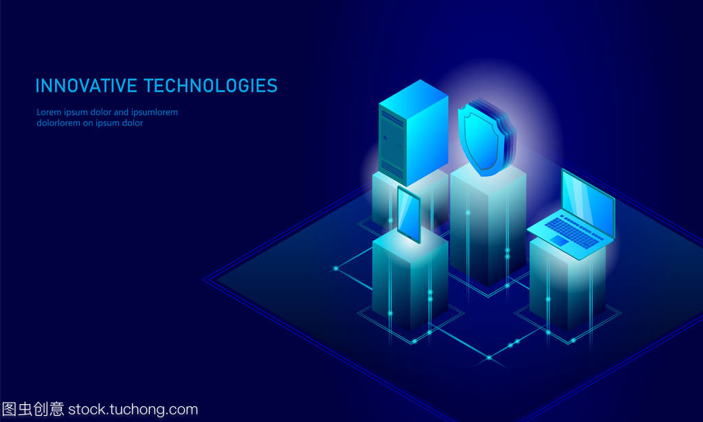 等距互聯(lián)網(wǎng)安全盾的經(jīng)營理念。藍(lán)色發(fā)光等距個(gè)人信息數(shù)據(jù)連接 pc 智能手機(jī)未來技術(shù)。3d 圖表矢量圖